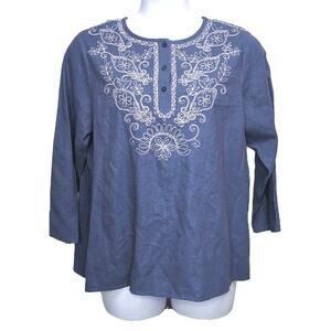 Susan Graver Blouse Top Womens Plus Size 1X Blue Linen Blend Embroidered‎ Boho